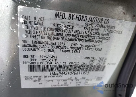 2007 Mercury Montego Premier из США, поврежденный, VIN 1MEHM43107G611973